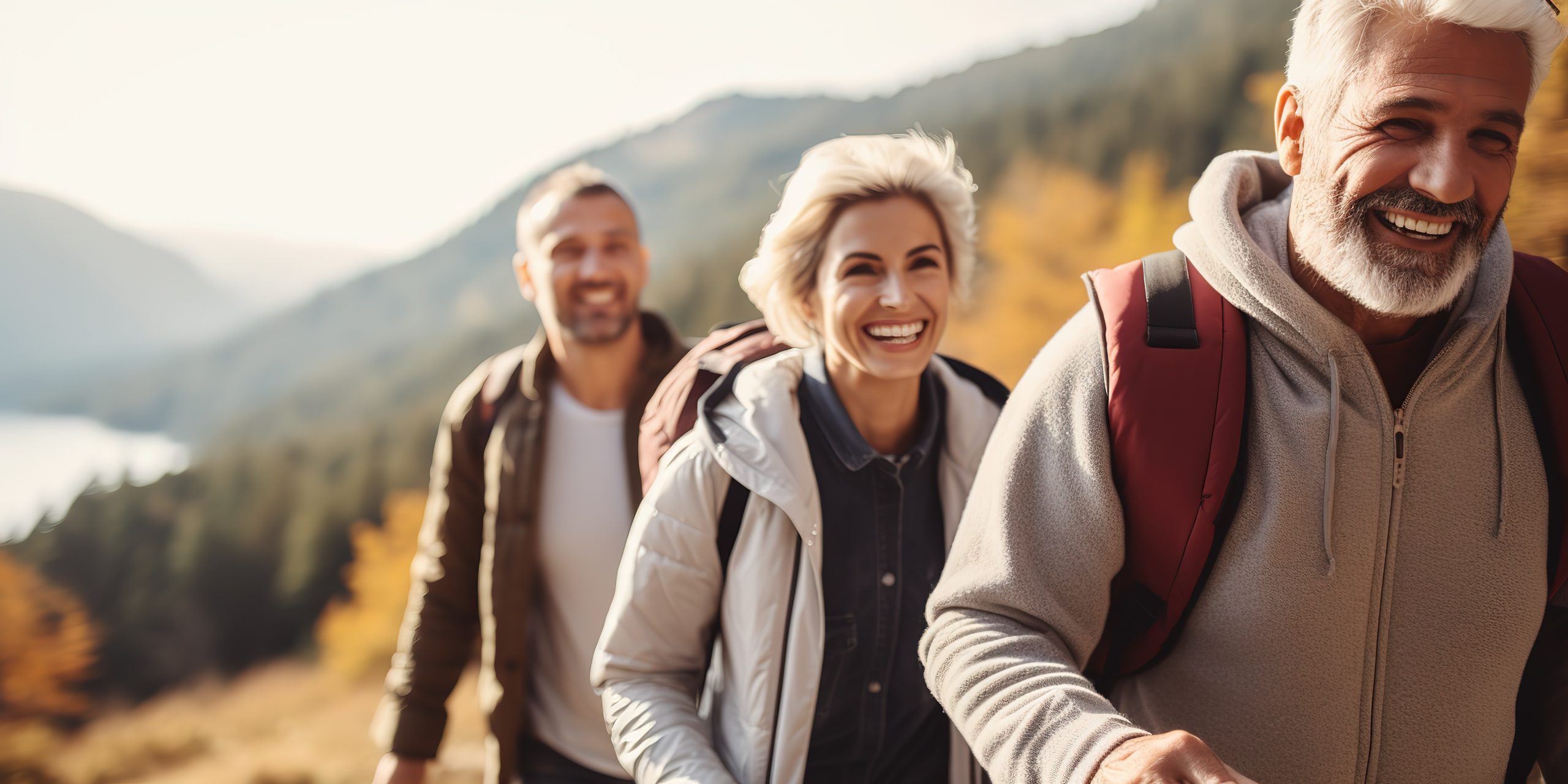 A group of senior friends go camping together in the countryside