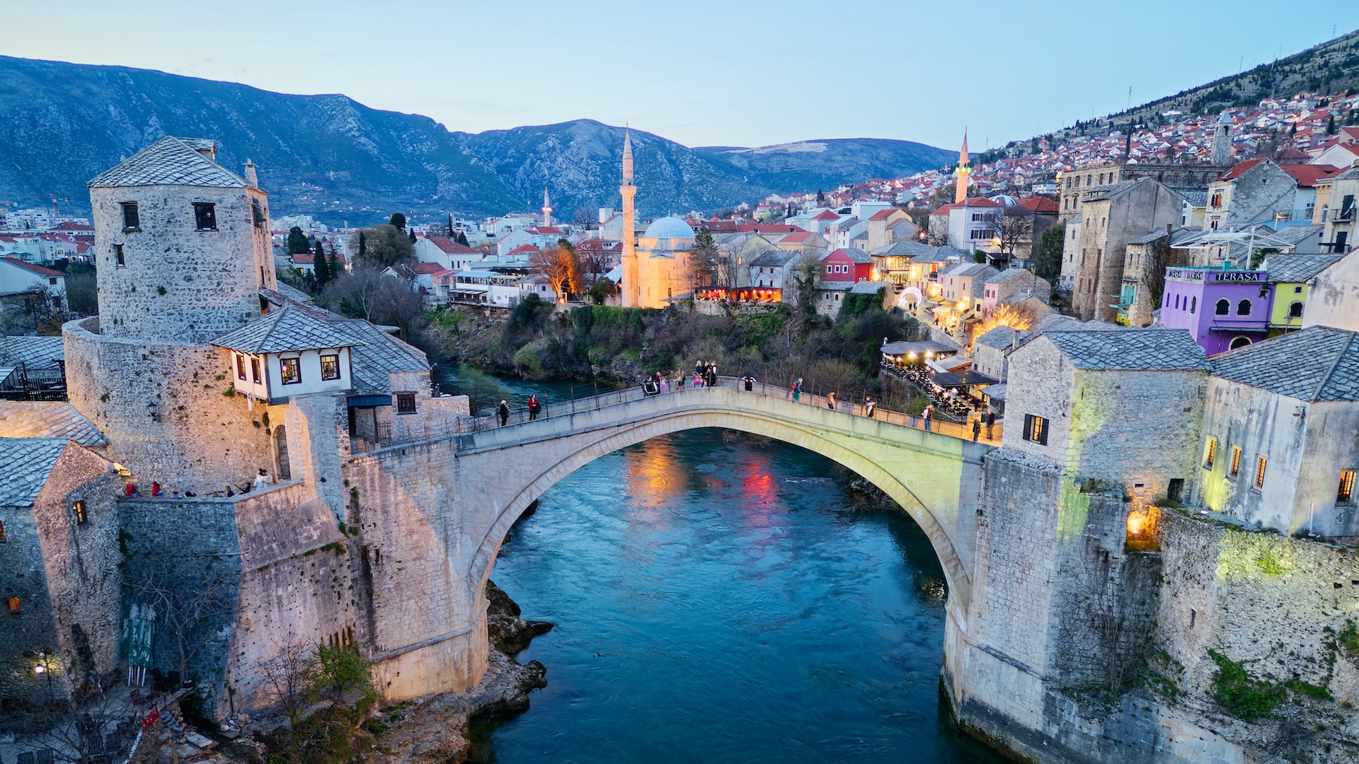 Twilight,View,Of,The,Old,Bridge,In,Mostar,City,In